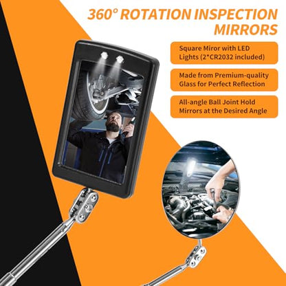 Lighted Inspection Mirror & Magnetic Pickup Tool Set of 5 - Telescoping Handle,360 Swivel for Extra Viewing,Pickup Tool Meet the Needs of Various Occasions,Useful for Mechanic,Automotive,Gifts for men