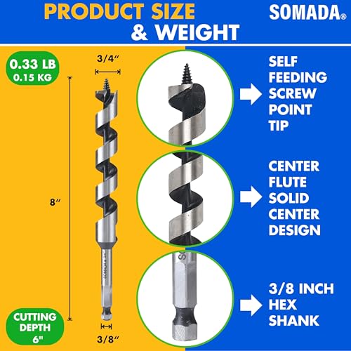 SOMADA 3/4" x 8" Auger Drill Bit for Wood, Ship Auger Hex Shank - size: 3/4"x8" Silver