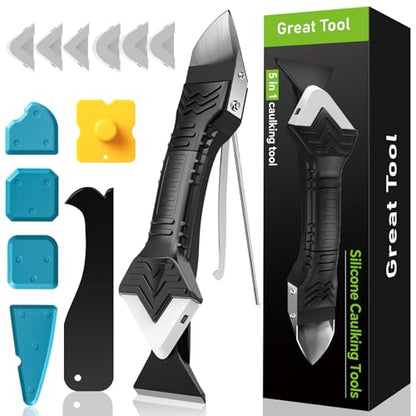 5 in 1 Silicone Caulking Tool Kit, Caulk Remover Tool with Stainless Steel Head,Caulk Finishing Tool with Different Angles,Grout Removal Tool for Kitchen Sink Washroom Bathroom Toilet Caulking (White) - color: White