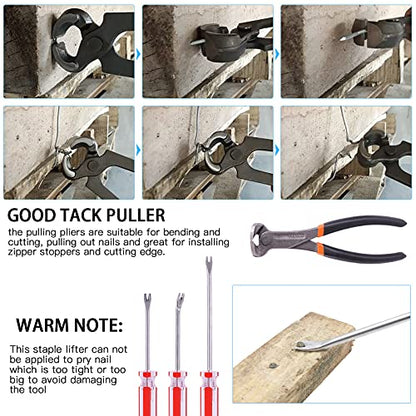 Glarks 4Pcs Nail Pullers Nail Remover Tool Set, Include 7'' End Cutting Plier, 4'' Bendable U Tip and V Tip Tack Puller, 6'' U Tip Tack Lifter for Cutting nails, Remove Nails, Nail Pulling