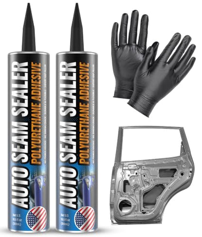 [White] 2 Pack Professional Automotive Seam Sealer, Paintable Quick-Set Polyurethane Auto Body Filler Seam Sealer for Metal Surfaces of Cars, Trucks, Etc, with Tip & Gloves - RV Roof White Sealant - color: White