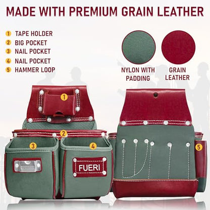 FUERI Carpenter Tool Belt made with Nylon & Grain Leather comes with Adjust to fit Padded Belt, Pouches with multiple pockets, Suspender loops, and a Hammer Holder (Free Suspender at Check Out) - color: Green & Maroon Tool Belt