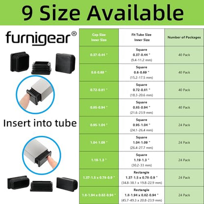1" Square Tube End Cap Plastic Plugs Chair End Caps 1 Inch (25mm), 1X1 Tubing Plugs Furniture Sliders Glides Black (Fit 0.85-0.94" Square Tube Inner Size, 40pack) - size: Fit 0.85-0.94" Square Tube Inner Size