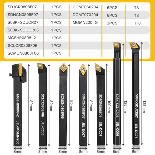 Indexable Lathe Turning Tool 21Pcs Kit 5/16" 8mm Shank 7 Pcs Metal Lathe Tool Holder Set with 14 Pcs Turning Inserts for Turning Grooving Threading Boring Carbide Inserts Carbide Turning Tool - style: 7pcs 5/16" 8mm Shanks+14pcs Inserts