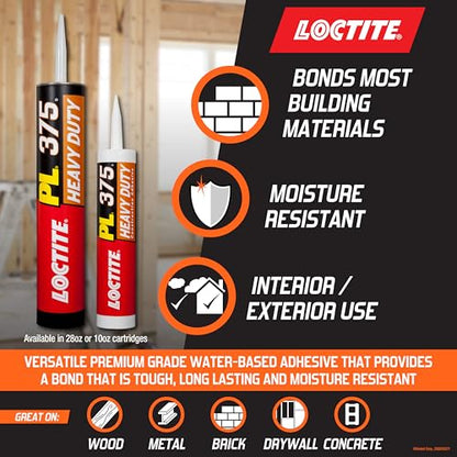 Loctite PL375 VOC Heavy Duty Construction Adhesive, 10 fl oz, Cartridge (12 Pack)