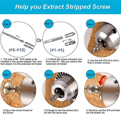 22pcs Damaged Screw Extractor Broken Screws and Bolt Stripped Remover Kit with Magnetic Extension Bit Holder & Socket Adapter