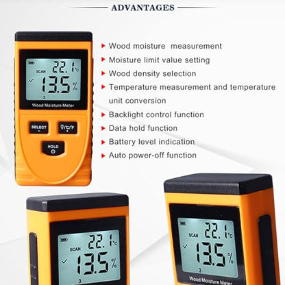 WT630 Pinless Wood Meter, Induction Type Non Destructive Digital Detector, 8 Levels Adjustment Multifunction, Measurement Range 0.5% 79.5%, Ideal