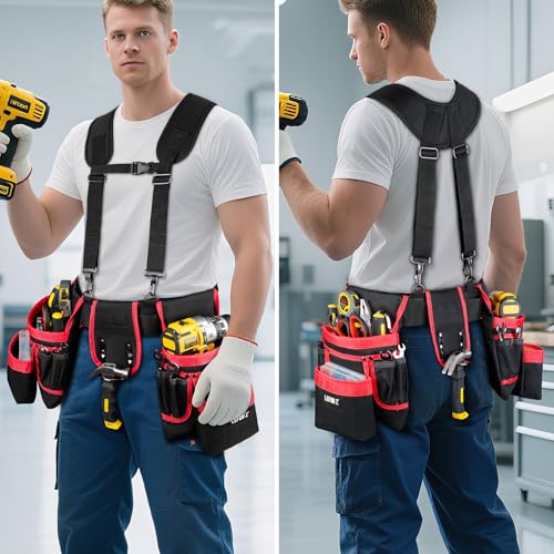 Tool Belt with Suspenders,27-Pockets Heavy Duty Tool Belts for Men with Magnetic Tool Pouch,Detachable & Adjustable Work Belt Bag for Electrician,Carpenter,Construction,Utility Toolbelt,Black,Red - color: Black/Red