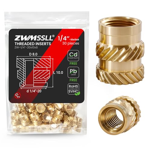 1/4"-20 Heat Set Threaded Inserts,30 Pieces 1/4"-20x10x8 Heat Set Insert for 3D Printing Components and Plastic Parts,Brass Knurled Nuts - size: 1/4"-20x10x8