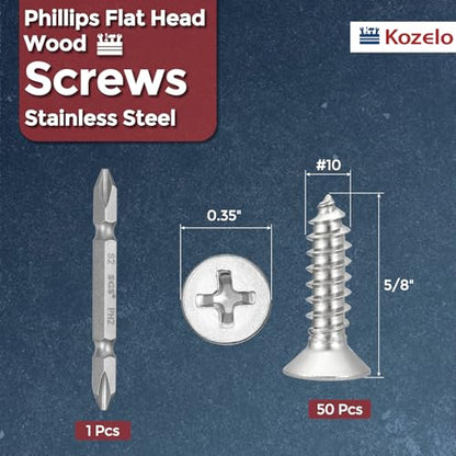 51pcs Phillips Wood Screws W/Screwdriver Bit #10x5/8 304 SS Silver - color: Silver, size: #10x5/8"