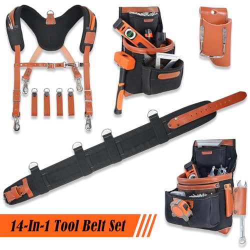 WELKINLAND Top-Grain Leather Tool Belt With Suspenders, Leather Tool Belt