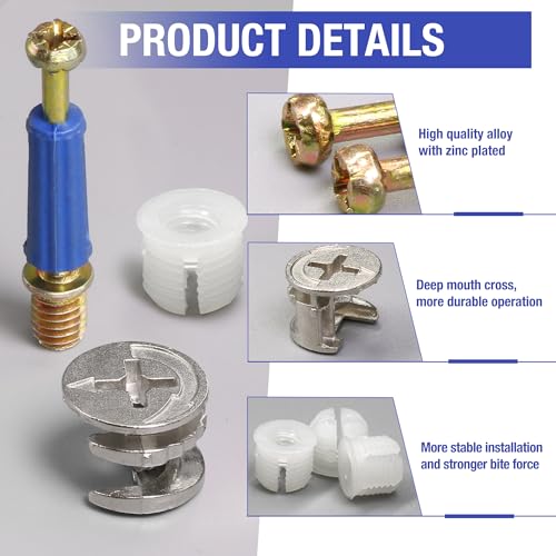 10 Sets Furniture Cam Lock Fasteners, 3-in-1 Cam Locks for Furniture, Cam Lock Fittings Cam Connector Furniture Replacement Parts, 1-9/16" / 40mm Dowel with Blue Plastic Sleeve - size: 1-9/16" ( 40mm )