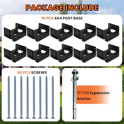 10PCS 4x4 Post Base for Concrete Adjustable Heavy Duty Black E-Coated - color: Black, size: 4X4