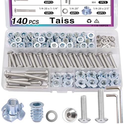 Taiss 140PCS 1/4-20 Threaded Inserts for Wood,T Nuts,1/4-20x 1", 1-1/4" Bolts Button Head Socket Cap Screws Fully Threaded and 1/4-20 Washers with Hex Wrench F-116-140PCS