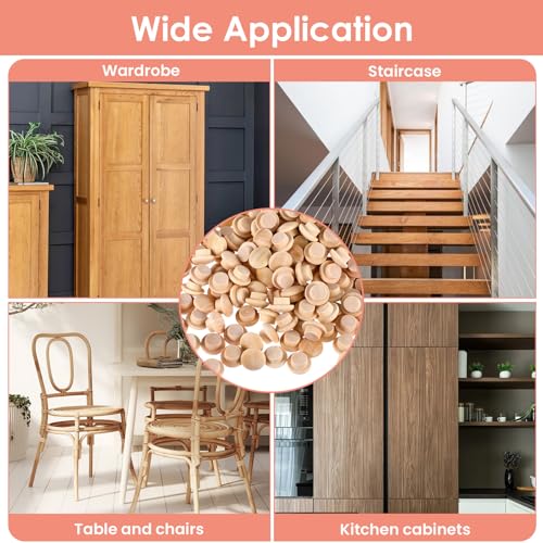 200 Pcs 3/8 Inch Wood Plugs for Screw Holes, Mushroom Plugs Wood Button Round-Head Screw Covers Hardwood Hole Plug for Gap in Locking Tube Furniture Decoration Woodworking
