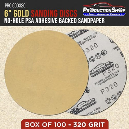 ProductionShop Premium 320 Grit 6" PSA Gold Sanding Discs, Box of 100 - Self Adhesive Stickyback Abrasive Sandpaper for DA & Random Orbital Sanders - Sand Auto Paint Metal, Wood Woodworking Furniture - style: 320 Grit