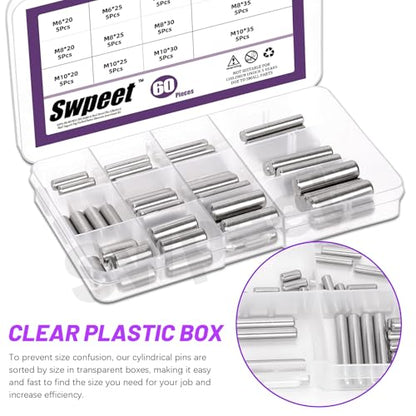 Swpeet 60Pcs M6 M8 M10 304 Stainless Steel Dowel Pin Assortment Kit, Cylindrical Shelf Support Peg Pin Rod Fasten Elements for Maintenance and Connection (with A Storage Box ) - size: M6