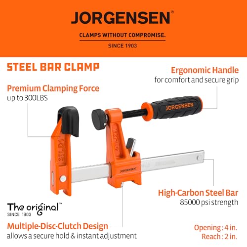 Jorgensen 4" Light-Duty Steel Bar Clamp Set, 300 lbs Load Limit, 2-Pack - size: 4 Inch Light Duty