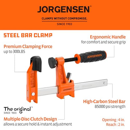 Jorgensen 4" Light-Duty Steel Bar Clamp Set, 300 lbs Load Limit, 2-Pack - size: 4 Inch Light Duty