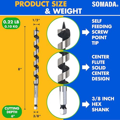 SOMADA 1/2 in x 8 in Auger Drill Bit, Quick Change Hex Shank, Wood - size: 1/2"x8" Silver