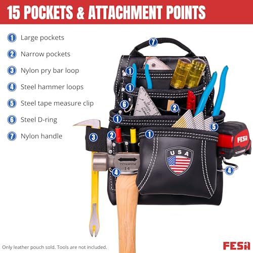 FESA Leather Carpenter Tool Pouch - 10-Pocket Heavy Top Grain Leather Carpenter Pouch with 2 Hammer Loops, Large & Small Pockets - Fits Work Belts up to 3" - Handcrafted - Country-Themed - color: Black - USA