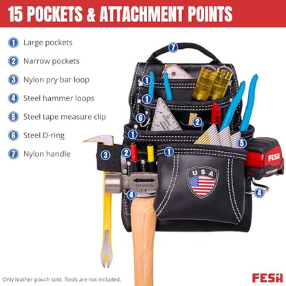 FESA Leather Carpenter Tool Pouch - 10-Pocket Heavy Top Grain Leather Carpenter Pouch with 2 Hammer Loops, Large & Small Pockets - Fits Work Belts up to 3" - Handcrafted - Country-Themed - color: Black - USA