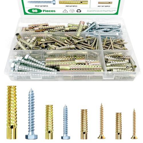 180Pcs / 90 Sets 4 Size Steel Wall Anchor with Screws, 5x30mm, 6x32mm, 8x38mm, 10x60mm Heavy Duty Loose Hinge Hole Repair Kit for Concrete, Hollow and Wooden Wall