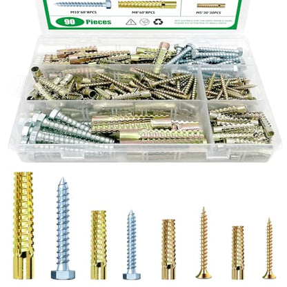180Pcs / 90 Sets 4 Size Steel Wall Anchor with Screws, 5x30mm, 6x32mm, 8x38mm, 10x60mm Heavy Duty Loose Hinge Hole Repair Kit for Concrete, Hollow and Wooden Wall