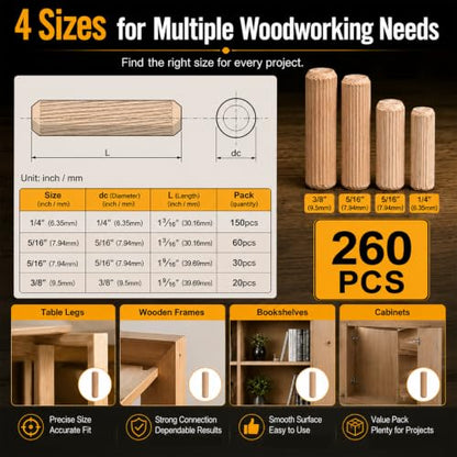 260PCS Wooden Dowel Pins Assortment, Fluted Hardwood Dowels - size: 260PCS MIX