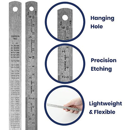 Pacific Arc 6 Inch Stainless Steel Ruler with Inch/Metric Conversion Table - style: 6 In