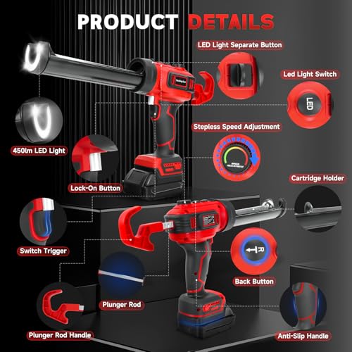 Cordless Caulking Gun for Milwaukee M18B2 Battery, Electric Caulk Adhesive Gun with 450lm LED Light,Stepless Speed,280KG Thrust Drip-free Caulk Gun,10oz/300ml Caulking Tool for Sealing(Tool Only)
