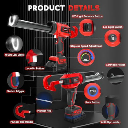 Cordless Caulking Gun for Milwaukee M18B2 Battery, Electric Caulk Adhesive Gun with 450lm LED Light,Stepless Speed,280KG Thrust Drip-free Caulk Gun,10oz/300ml Caulking Tool for Sealing(Tool Only)
