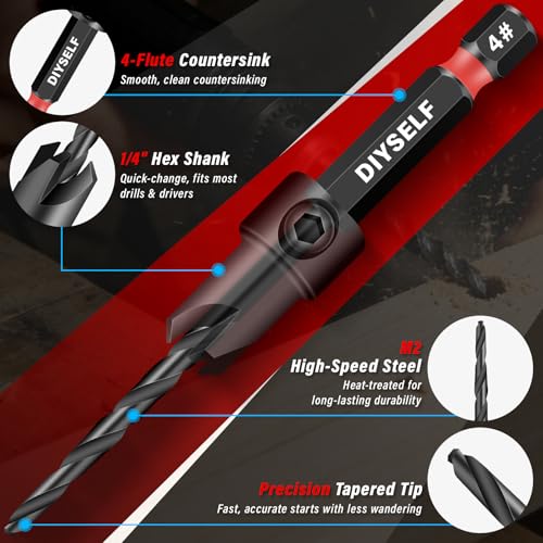 DIYSELF 15 PCS Countersink Drill Bit Set, M2 HSS Bits for Wood
