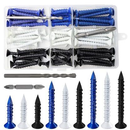 Wensilon 1/4" Concrete Screws Kit, 75 PCS Blue Black White Masonry Screws with Flat Head, Rust Resistant Coating Cement Screws for Concrete, Brick, Block and Stucco, Includes Driver Bit - color: Blue/Black/White, size: 1/4" kit