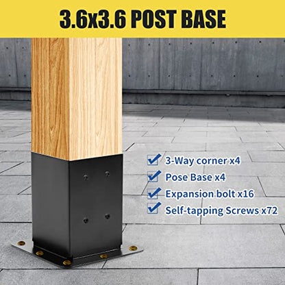 4 Pcs 4"x4" Pergola Brackets(Actual:3.6"x3.6") with 4 Pcs Post Base - size: 3-Way 4x4 Inch with Base - 4 Pcs