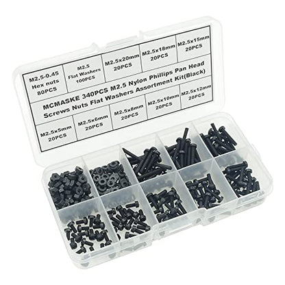 340PCS M2.5 Black Nylon Phillips Pan Head Screws Nuts Washers Kit - size: M2.5