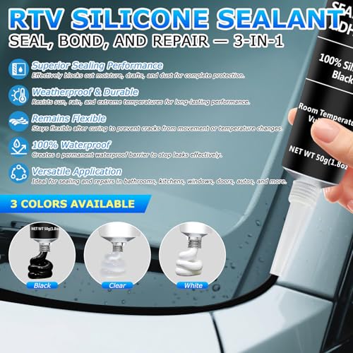 Black RTV Silicone Sealant Adhesive, 100% Silicone Caulk, All-Purpose Waterproof Sealant for Car, Window, Bathroom, Kitchen, Shrink & Crack Proof High Bond Strength Adhesive – 1.8oz / 50g - color: Black