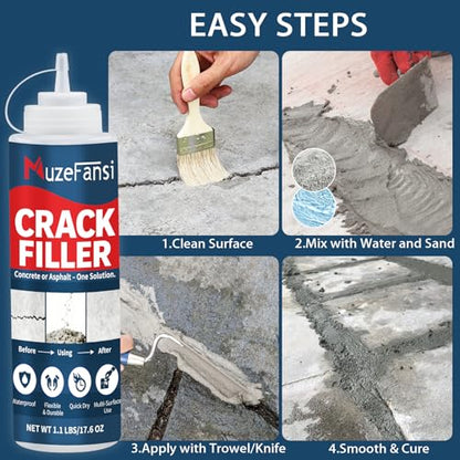 Concrete Crack Filler, Concrete Crack Sealant, 1.1LB Cement Powder for Concrete Crack Filling and Surface Patching, Mix with Water or Sand, Grey Cement Crack Filler for Walls, Floors, Driveways