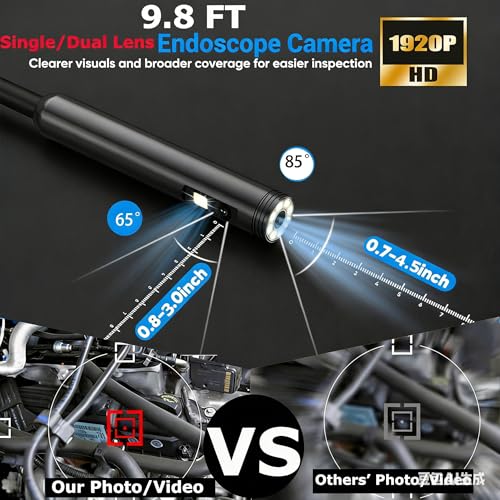 Endoscope Camera with Light, 1920P HD Borescope Camera with 9.8FT Semi-Rigid Snake Cable, 8 LED Lights IP67 Waterproof Inspection Camera for iPhone Android - style: Dual-Lens-9.8 FT