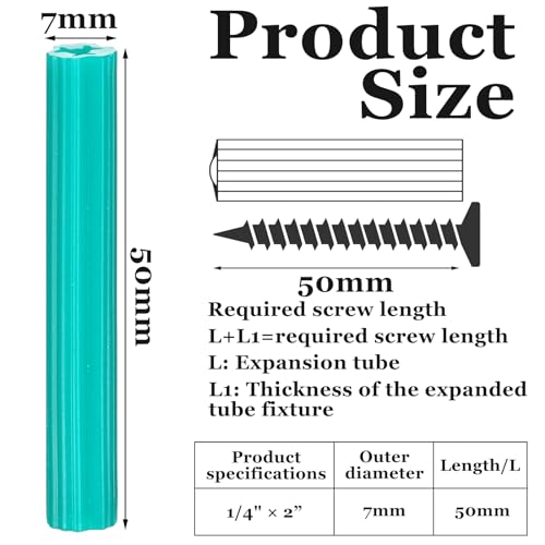 Lineshading 500pcs Expanding Plastic Screw Anchors 1/4" Hole Green Plastic Anchors for Concrete Tile Cement Bolt Expansion Tube for #10,11,12 Screws, Fix to Wall Drywall or Other Surface (2") - size: 2"