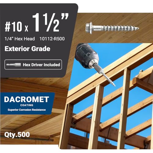 SD10112R500 Connector Screws, #10 x 1-1/2" Heavy-Duty Joist Hanger Screws, 1/4" Hex Head with 0.370"-Dia, Replace 10D Nails, Prem-Galvanized, Corrosion-Resistant and Wear-Resistant (500-Qty)