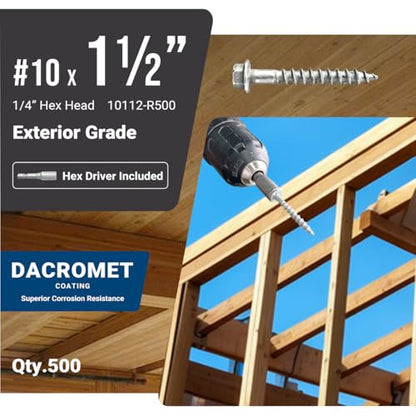 SD10112R500 Connector Screws, #10 x 1-1/2" Heavy-Duty Joist Hanger Screws, 1/4" Hex Head with 0.370"-Dia, Replace 10D Nails, Prem-Galvanized, Corrosion-Resistant and Wear-Resistant (500-Qty)