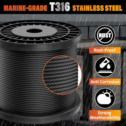 Black Stainless Steel Cable for Railing - 500FT 1/8" T316 Wire Rope - size: 500FT