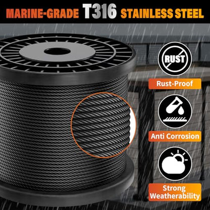 Black Stainless Steel Cable for Railing - 500FT 1/8" T316 Wire Rope - size: 500FT