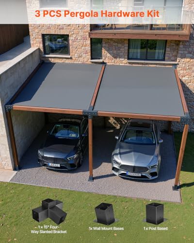 VEVOR Pergola Kit, 4x4 Inch 4-Way Slanted Bracket for 3.5x3.5 Inch Wood Beams in Actual Size, Carbon Steel Pergola Bracket with Post Base and Wall Mount Base, for Outdoor Pergolas, Gazebos, Sheds - size: 1PC 15°4-Way+1PC Wall Mount Base 4*4 SET