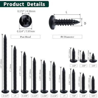 #8 x 1-1/4" Phillips Pan Head Sheet Metal Screws, 304 Stainless Steel 18-8, Black Coated, Corrosion Resistant Pan Head Self Tapping Screws for Wood, Sheet Metal, 50 PCS - size: #8 x 1-1/4"