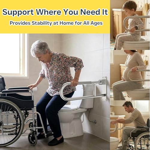 28-Inch Foldable Toilet Grab Bar – 90° Flip-Up Design, Premium 304 Stainless Steel, Anti-Slip Grip with Built-in Paper Holder, Wall-Mounted Handicap Safety Rail, Supports 350–400 lbs - size: 28-Inch