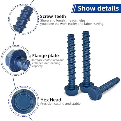 3/8 x 3 Heavy-Duty Hex Head Concrete Anchors, 15 PCS, Corrosion Resistant Blue Climaseal Coating, Outdoor Rated Use, Concrete Block and Masonry Brick Screws - size: 3/8 x 3"