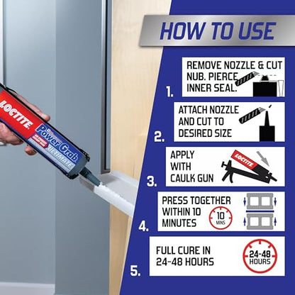 Loctite Power Grab Ultimate Construction Adhesive, 9 fl oz Cartridge, 1 Pack - Versatile High Strength, Wide Temperature Range Construction Glue - size: 9 fl oz Cartridge, Pack of 1