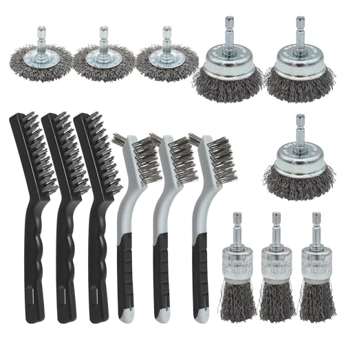 VASTOOLS 15pcs Wire Brushes Set, Carbon Steel Cup/Wheel/Pen Brushes for 1/4" Hex Shank Drill Attachments,Stainless Steel Hand Brushes,for Rust Removal,Paint Stripping and Cleaning